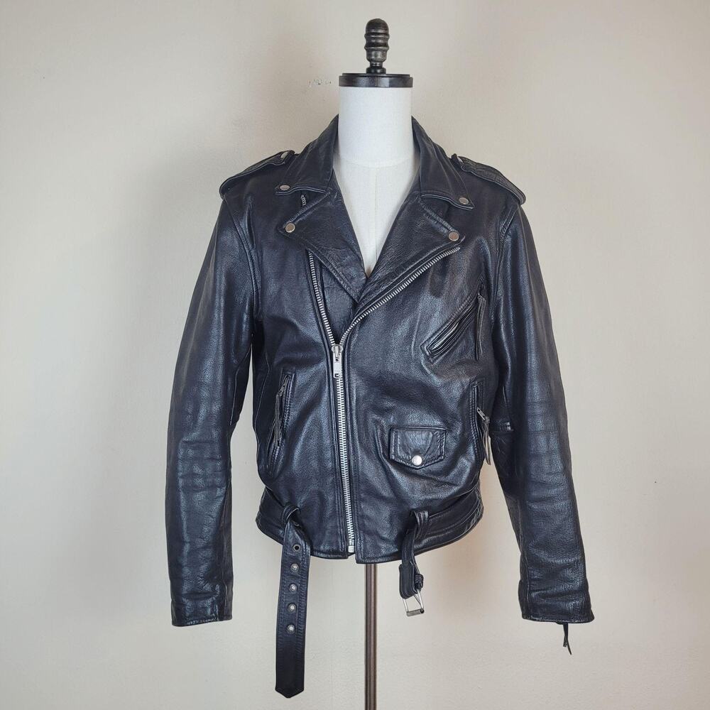 Phoenix Jacket Mens 44 Black Leather Motorcycle Biker Belted Zip Rocker Grunge